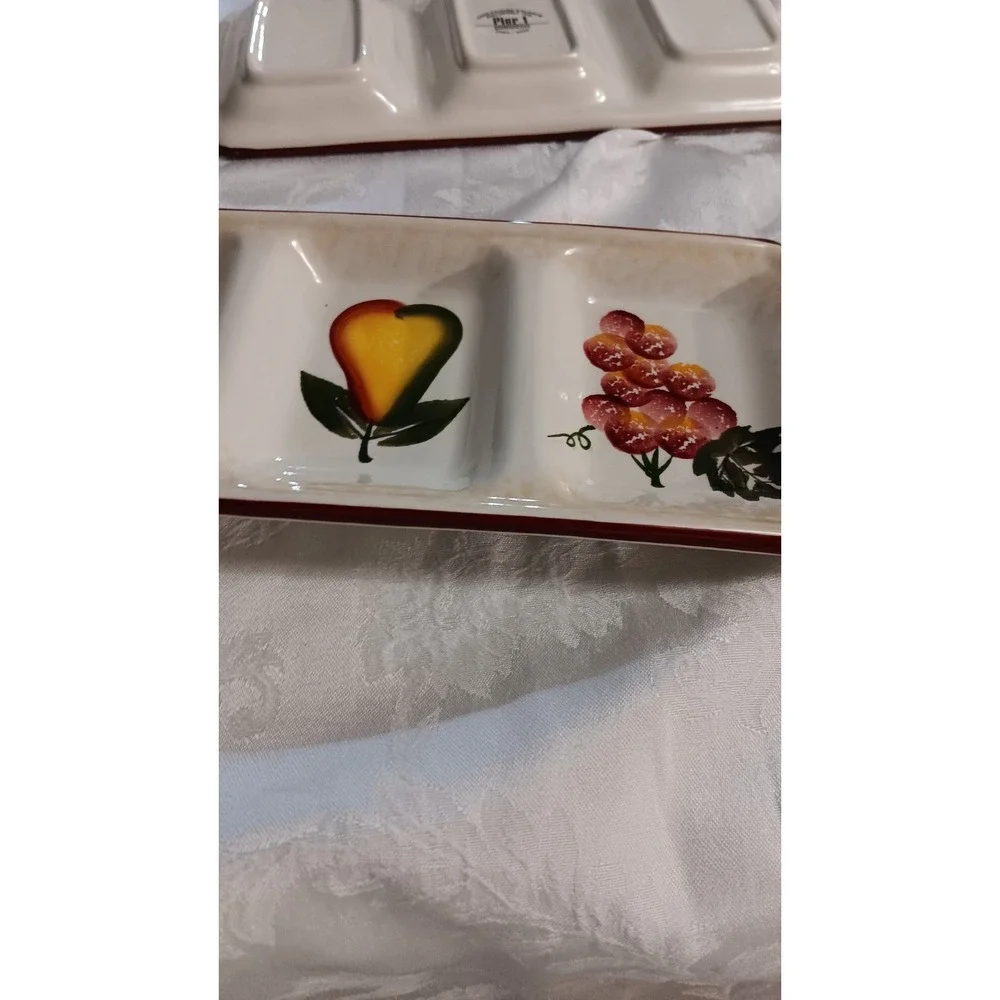 PIER 1 Hand Painted Dolomite Relish Tray Set of 2 Grapes Pear 11.5x5 EUC
